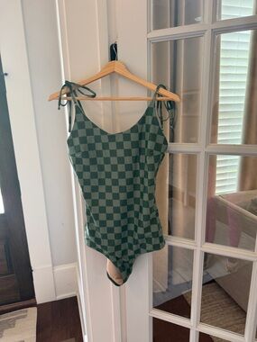 Albion Fit Natalie One Piece Swimsuit Green Check - Size M